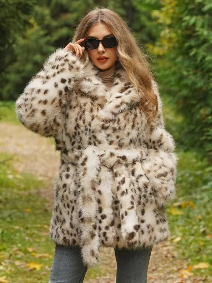 Faux Fur Coats Ecru White Raised Waist Long Sleeves Leopard Print Lace-up Winter Coat